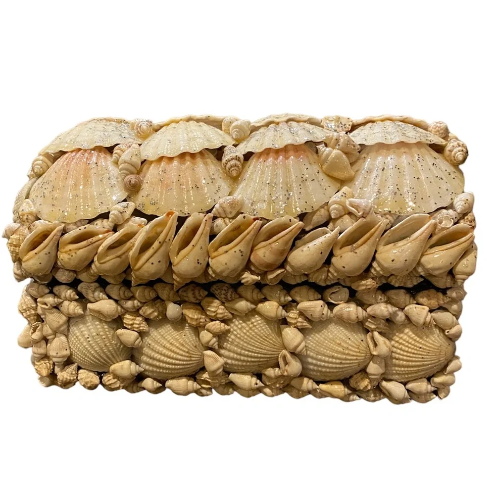 Vintage Handmade Natural Seashell Jewelry Treasure Chest Box